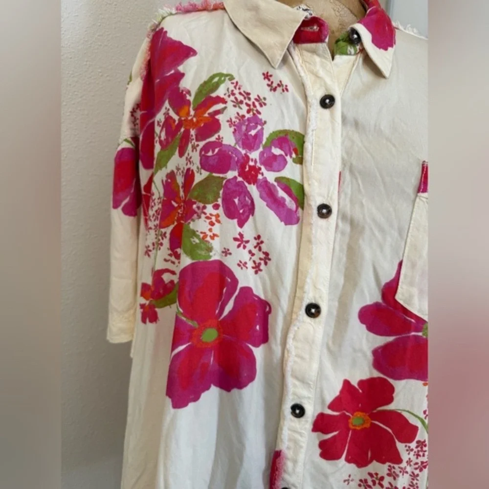 Free People Share Good Vibes Buttondown XS Ivory Pink Combo Floral - Picture 9 of 12